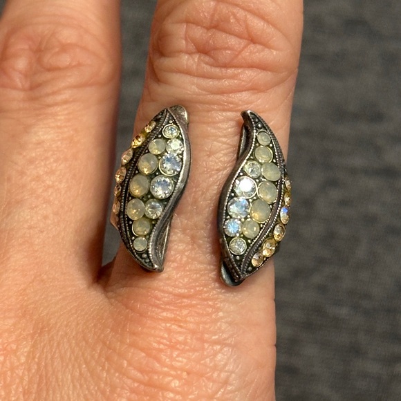 Jewelry - Silver-Tone Opalescent Pavé Crystal Leaf Ring, OS
